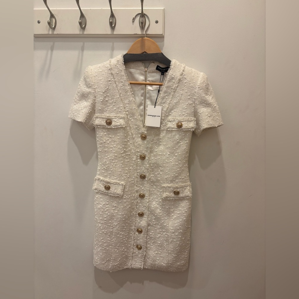 Generation Love White Mini Dress with Gold Buttons
